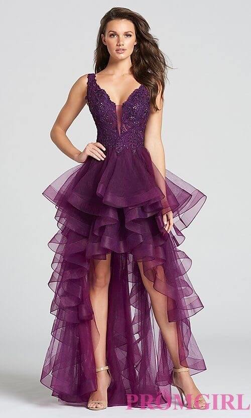 Girl in purple flowing high-low prom dress.